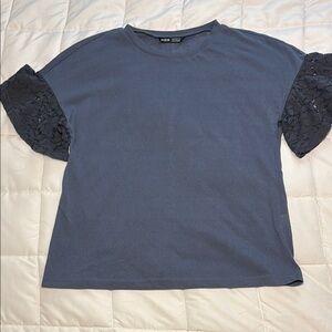 Blue Boxy Tee with Ruffled Lace Sleeves